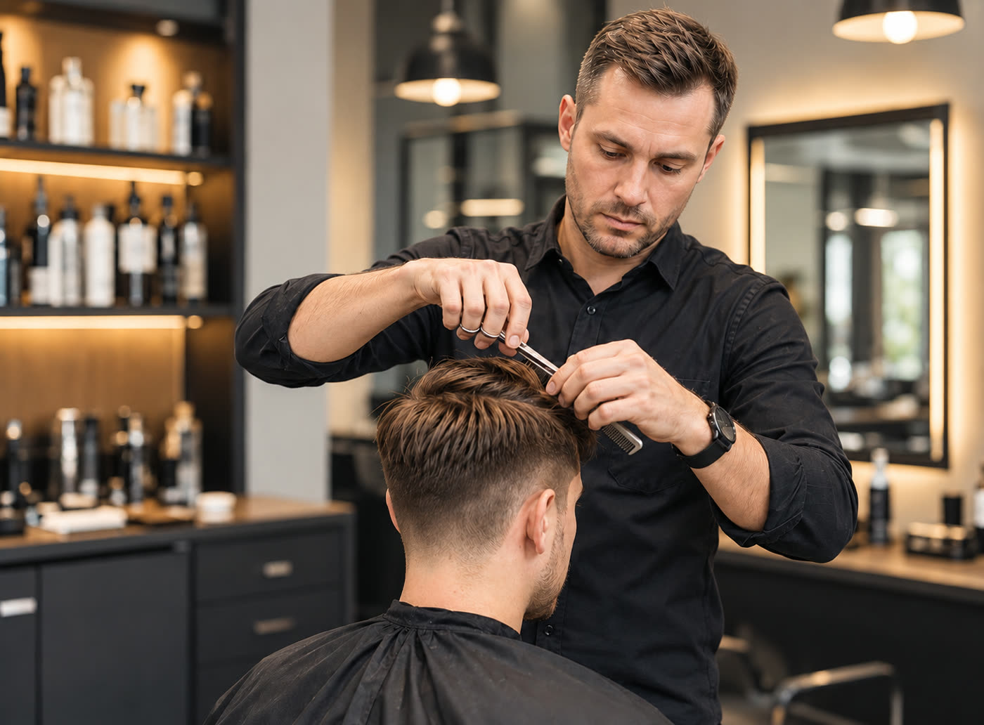 Coiffeur arbeitet im Salon mit Kamm und Schere am Haar eines Kunden