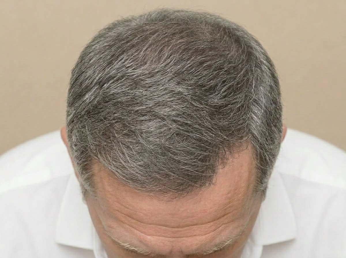Lichter Oberkopf bei einem Mann ab 50 mit grau meliertem Haar, danach dichtes Haar – nachher